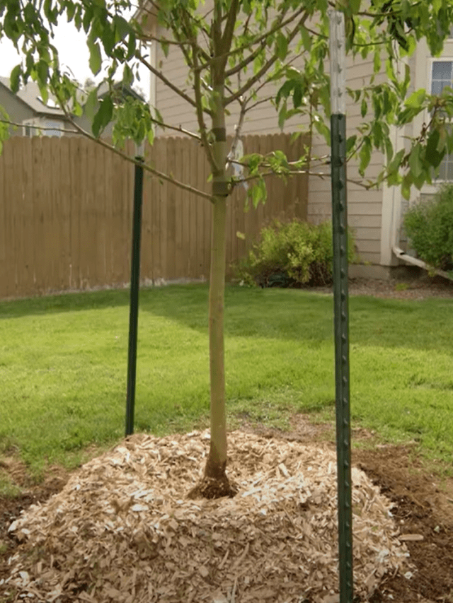 newly planted tree with stakes